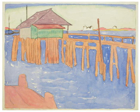 Untitled (Pier with green and purple shack),Watercolor and graphite ca. 1915.