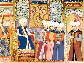 Persianate miniature of an enthroned young man surrounded by richly clothed standing men