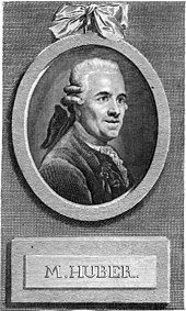 Engraving showing an oval image of Michael Huber wearing a bag wig above the text "M. HUBER"