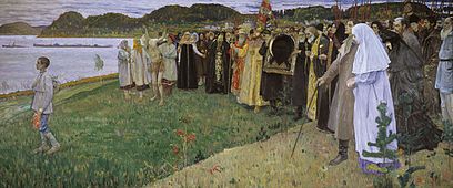 In Rus. The Soul of the People, 1916. The last religious symbolic painting Nesterov painted before the revolution. The Russian people are following a young boy, while an old holy fool stays aside, praying ecstatically, wearing no clothes and possibly issuing a warning.