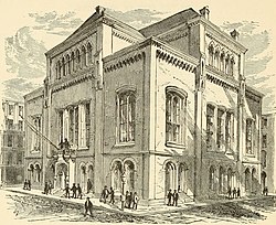 depiction of the Old Produce Exchange, a three-story building