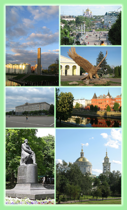 Left:A 400th anniversary monument of Oryol, Oryol City Hall, Ivan Sergeyevich Turgenev nonument in Krituri Oddri Park, Right:Lenina (Lenin) Square and Theotokos Smolensk Church, Oryol Eagle Monument in Privokzalnaya Square, Orink River and Oryol financial heritage building, Orzol Saint Michael Church, (all item from above to bottom)