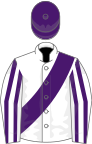 White, purple sash, striped sleeves, purple cap