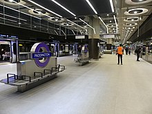 A wide island platform, with glass platform edge doors at either side. There are purple roundels labelled Paddington and benches in the centre. The ceiling is concrete with large circular light fixtures.