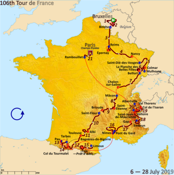 Map of France with the route of the 2019 Tour de France