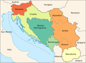 Political map of six republics comprising the Socialist Federal Republic of Yugoslavia