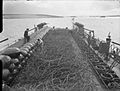 At Scapa Flow, a Royal Navy net laying vessel prepares to lay an anti-submarine net, which is 900 feet (275 metres) long, weighs over 40 Imperial tons (41 tonnes) and could be laid in 4 minutes.