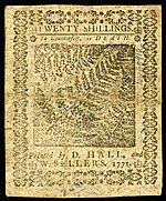 Pennsylvania colonial currency, 20 shilling, 1771 (reverse)