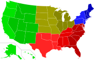 The four United States Census Bureau Regions separated by color, with the nine Census Divisions further delineated by shading