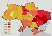 Eine Landkarte mit roten und gelben Tönen markierten Region. Die Gehälter gehen von 1250 bis 3000 Hrywen, wie in der Legende unten rechts erklärt.