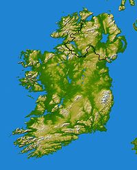 Topographical map of Ireland, incorporating the border between Northern Ireland and the Republic of Ireland.