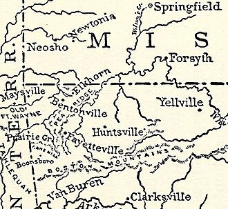 A map of northwestern Arkansas. Van Buren is on the north side of the Arkansas River, with Fort Smith on the south side. Prairie Grove is on the north side of the Boston Mountains