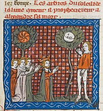 Alexander the Great and followers kneeling in prayer at the Trees of the Sun and the Moon, under the guidance of a high priest. England 1333-c. 1340