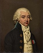 Painting of a man in a late 18th century white wig, curled at the ears. He wears a black civilian coat over a white waistcoat.