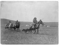 Gros Ventre (Atsina) American Indians moving camps with travois for transporting skin lodges and belongings.