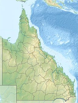 A map of Queensland, Australia with a mark indicating the location of Moreton Bay