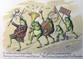 Christmas card by Louis Prang, showing a group of anthropomorphized frogs parading with banner and band.