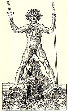 Engraving showing an imagined Colossus of Rhodes, standing astride the harbour with a galleon passing between its legs