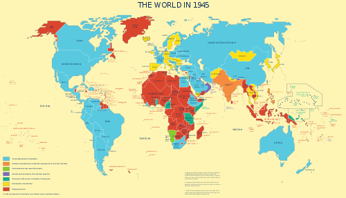 The world in 1945, UN Trusteeship territories are colored green