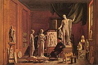 Thorvaldsen in seinem Atelier, 1840. Rechts vor dem Fenster: Bozzetto seines Schillerstandbilds.