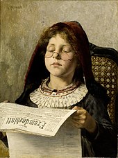 An 1800s painting of a girl reading a newspaper