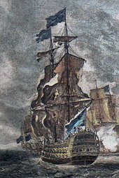 An oil painting of a large 18th-century warship
