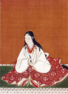 A drawing of a woman sat on a tatami mat wearing a number of layered white and red kosode.