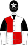 Red and white (quartered), black and white halved sleeves, black cap, white star