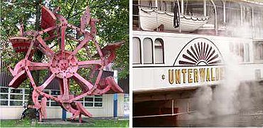 Left: original paddlewheel from a paddle steamer on the lake of Lucerne. Right: detail of a steamer.