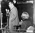1952 Republican vice-presidential nominee Richard Nixon, accompanied by his wife Pat, speaks in Ann Arbor, Michigan
