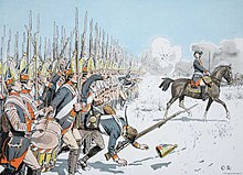 Painting of Prussian grenadiers marching across a snowy field while under fire