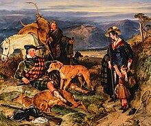 A Scottish Highlands hunting scene with a lord, a lady, a child, a gillie (all in tartan), two dogs, a horse, and two slain deer