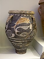 Pithos with fish in a net, Phaistos (1800-1700 BCE). Heraklion Archaeological Museum, Crete (photo by Zde).