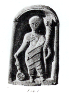 Statuette[15] of the Roman goddess Fortuna, with gubernaculum (ship's rudder),[16] Rota Fortunae (wheel of fortune) and cornucopia (horn of plenty) found near the altar at Castlecary in 1771.[17]