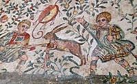 Roman fasciae crurales, depicted in a 4th-century CE hunting scene