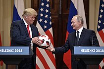 Putin gifts Trump a Telstar Mechta, the official match ball for the knockout stage of the 2018 FIFA World Cup.