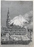 Kreuzkirche in Dresden während des Brandes am 16. Februar 1897. Holzstich von M. Anders
