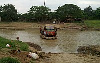 Raft used to ferry vehicles at Citarum River, Karawang, West Java, Indonesia