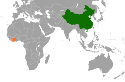 Map indicating locations of China and Ivory Coast