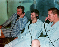 The crew speaking with President Nixon shortly after their return