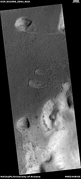 Lava flow, as seen by HiRISE under HiWish program. Dark slope streaks are also visible.