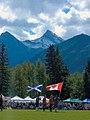The flag of Scotland and flag of Canada at the Canmore Highland Games.