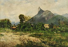 A landscape painting depicting houses nestled among trees in the middle-distance, and a large hill topped by a rock spire in the far distance