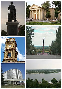 Clockwise from top: St Catherine's cathedral, Memorial in Park Slavy, view of the Dnieper in Kherson, the clock tower of the Kherson Regional Art Museum, a monument to Potemkin in Potomkinskyi Garden Square.