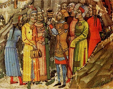 Árpád tastes the water of the Danube, the Hungarians are shouting the name of God three times (Chronicon Pictum, 1358)