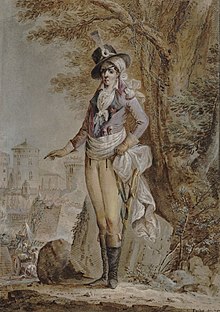 General d'Elbée with black hat and cockade, white plume and handkerchief, headband over the right eye, pink jacket with black lapels, white breeches, black boots and white scarf on the belt with two pistols and a sabre. In the background are a tree on the right and walls and towers climbed with ladders by Republican soldiers on the left.