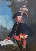 Painting shows a smiling man wearing a dark blue military uniform with a red sash around his waist. He wears a bicorne hat with a gaudy plume.