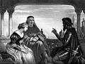 Othello relating his adventures to Desdemona and Brabantio from a steel engraving of a painting by Charles West Cope, 1873