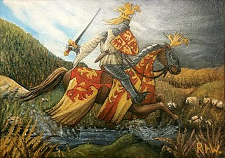 Depiction of Glyndwr as described with a dragon crown and dragon on the head of his horse.
