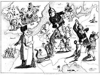 Karikatur von Ferdinand Schröder zur Niederlage der Revolutionen in Europa 1849, zuerst erschienen in: Düsseldorfer Monathefte, 1849 unter dem Titel Rundgemälde von Europa im August MDCCCXLIX